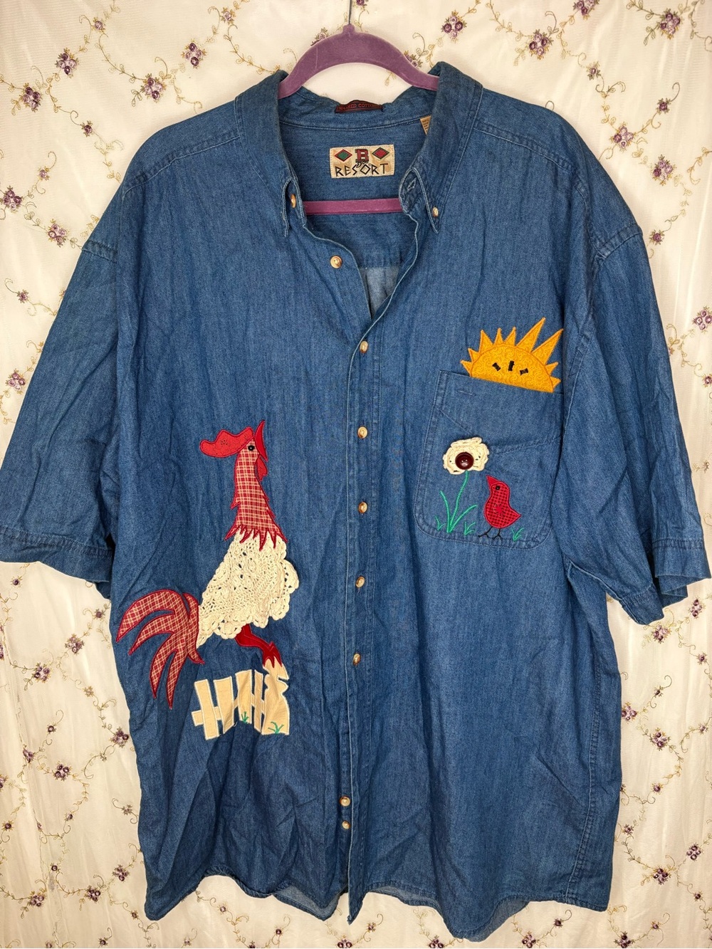 Vintage Denim Button-Down Shirt with Rooster & Sun Embroidery - Blue